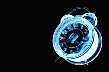 Close-up transparent blue neon clock, retro alarm clock on black background, 3D illustration