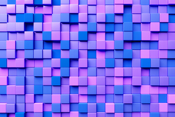 3D rendering. Purple and blue  pattern of cubes of different shapes. Minimalistic pattern of simple shapes. Bright creative symmetric texture