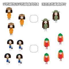 Math problem: greater, less, or equal. Count the number of cartoon colored little girls and compare. Educational math game for children.