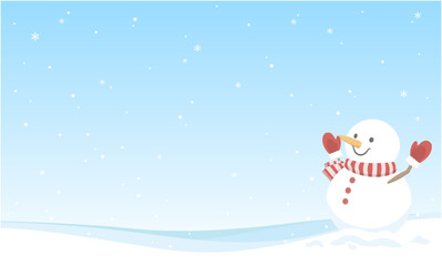Vector illustration of winter background with copy space. Snowman in snowy landscape.