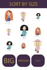 Match the girls by size large, medium and small. Children's educational game.

