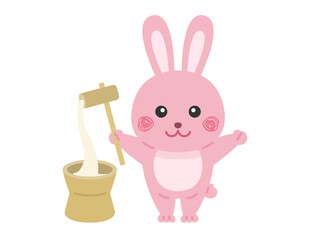 餅つきをする、ウサギのキャラクターのイラスト