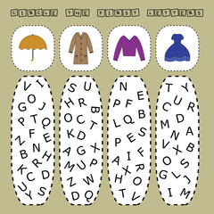 Find the first letter and match with the picture, a game for kids to learn the alphabet. Worksheet for printing. Educational game for children.