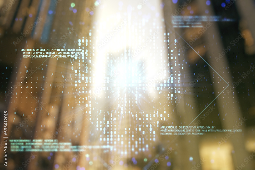 Poster double exposure of abstract virtual creative code skull hologram on modern skyscrapers background. m