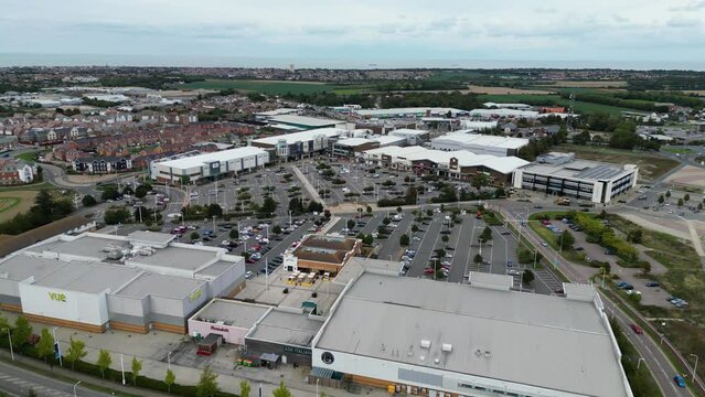 Slow moving drone shot of hr Westwood Cross shopping complex in Thanet