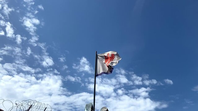 Nice Coat of Arms Flag Waving In The Wind At The Castle Hill In Nice, France. - dolly forward