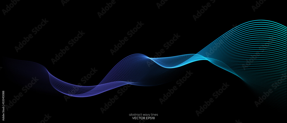 Poster Vector wave lines smooth flowing dynamic blue green gradient light isolated on black background for concept of technology, digital, communication, science, music