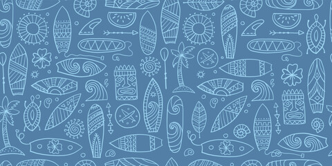 Surf boards collection, surfing time. Hawaii seamless pattern design for fabric, wallpapers etc. Vector illustration - 535413029