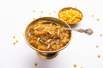 Besan Halwa, shira, sheera is a rich dessert made with gram flour, ghee and sugar
