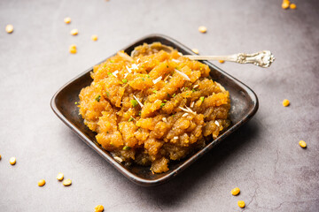 Besan Halwa, shira, sheera is a rich dessert made with gram flour, ghee and sugar