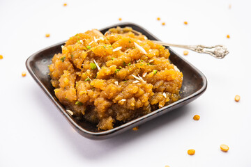 Besan Halwa, shira, sheera is a rich dessert made with gram flour, ghee and sugar