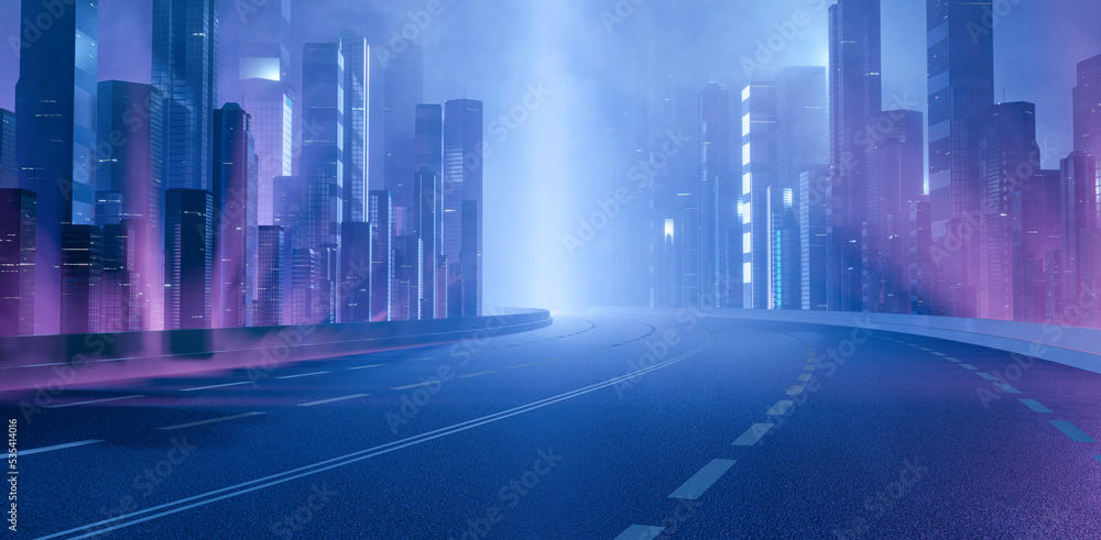Poster 3d rendering of highway road with blur light from buildings' lights in mega city at night. cyber pun
