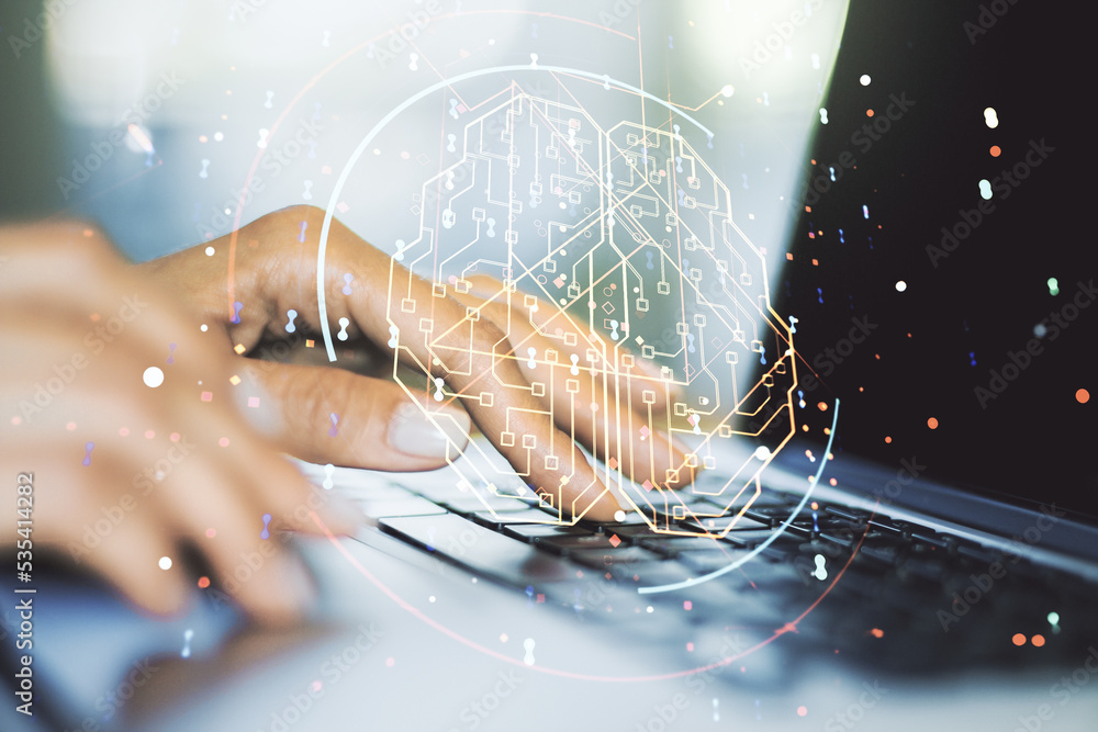 Poster double exposure of creative artificial intelligence symbol with hands typing on laptop on background