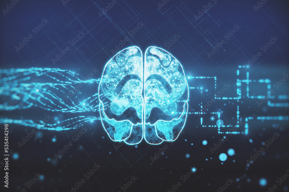 Poster creative glowing brain hologram on dark background. neurology research, artificial intelligence conc
