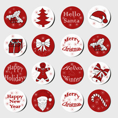 Christmas and New Year gift round stickers. Christmas labels. Hand drawing decorative elements. Collection of festive Christmas stickers in red and white color. Texture. Vector. Winter lettering.
