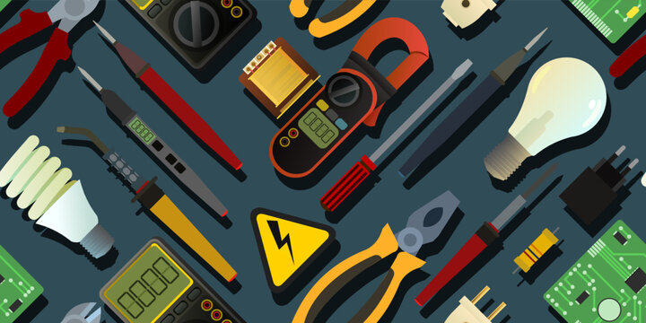 Tools for electrician. Repair of radio electronic and microprocessor equipment. Spare parts components and service. Seamless pattern. Vector