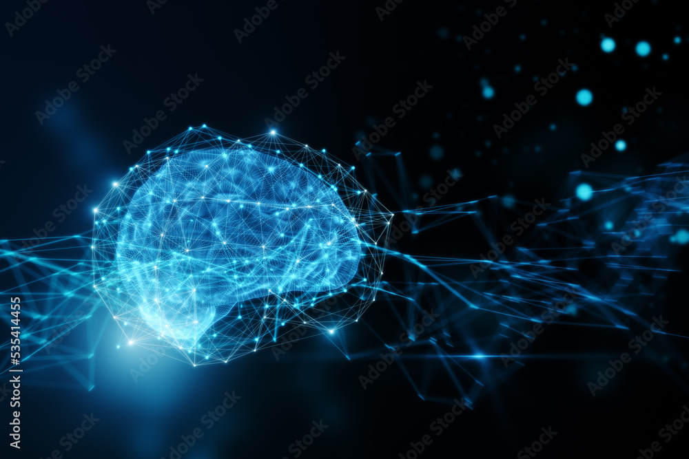 Poster AI and neural network concept with digital graphic human brain with convolutions surrounded by chaotically situated glowing lines on dark blurred background. 3D rendering