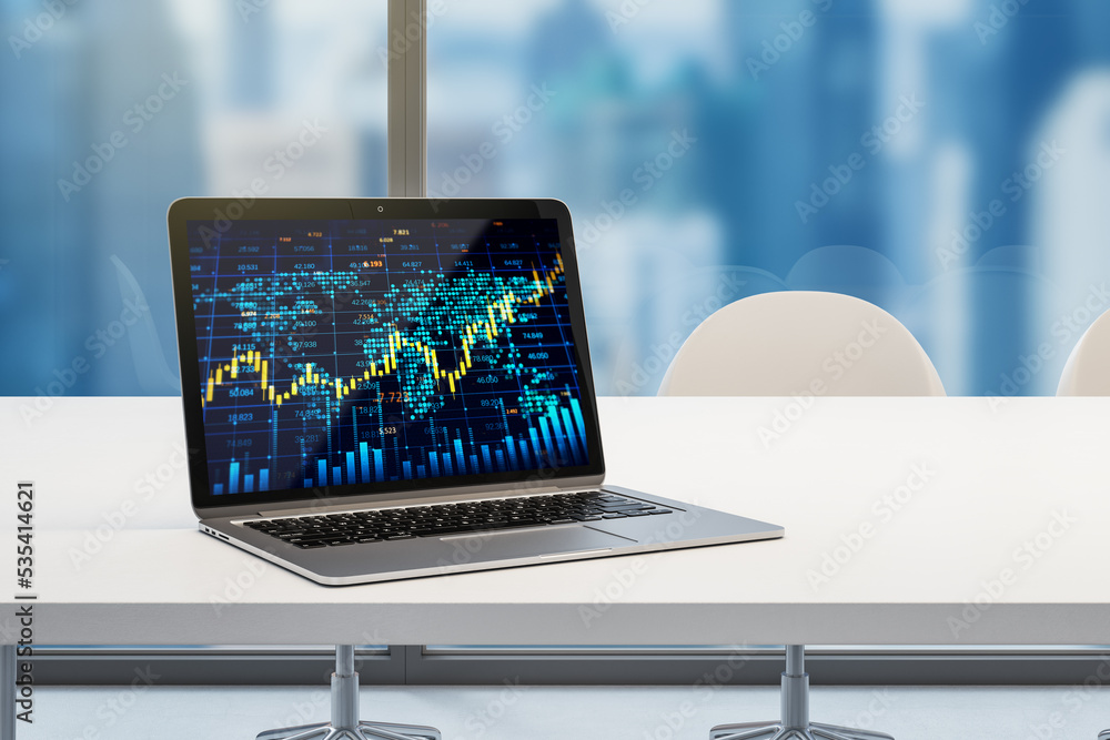 Poster workplace with creative forex chart with candlestick graph, index and tech hologram on laptop screen