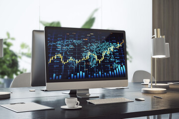  workplace with creative forex chart with candlestick graph, index and tech hologram on computer monitor, coffee cup and supplies on office background with window and blurry city view.