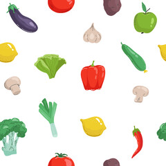 Seamless background with pictures of fruits and vegetables.