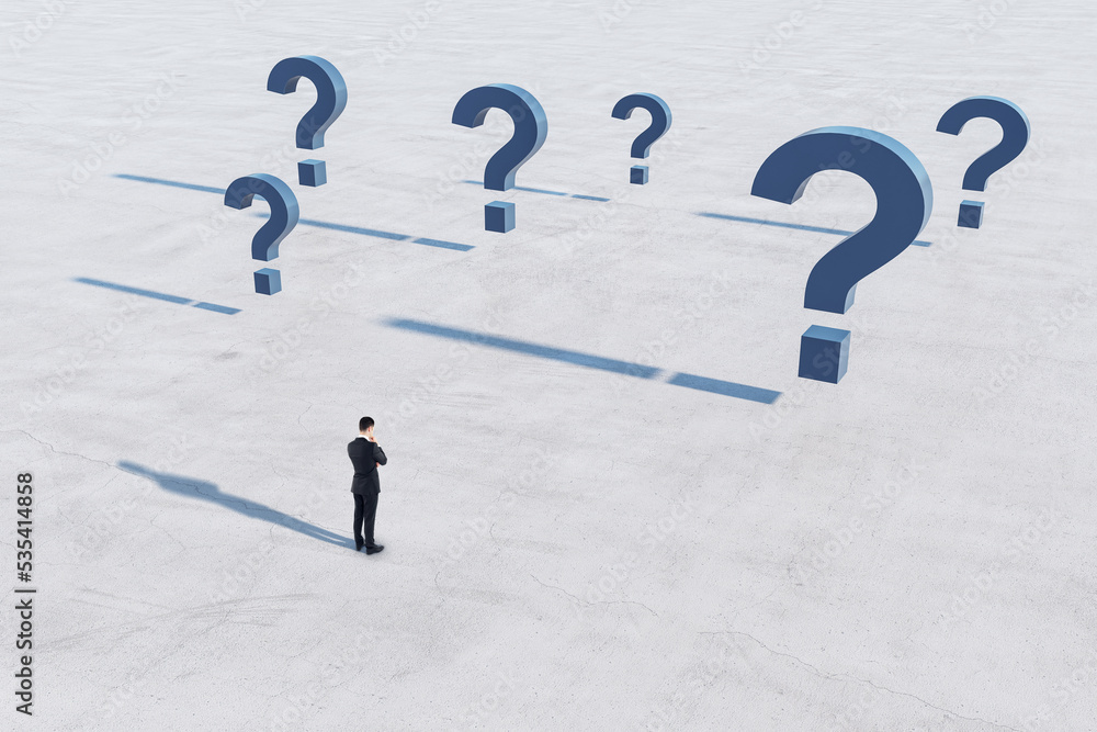 Poster Doubt and fear concept with businessman back view on empty concrete field in front of blue question marks