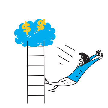 hand drawn doodle people fall down ladder to get money illustration