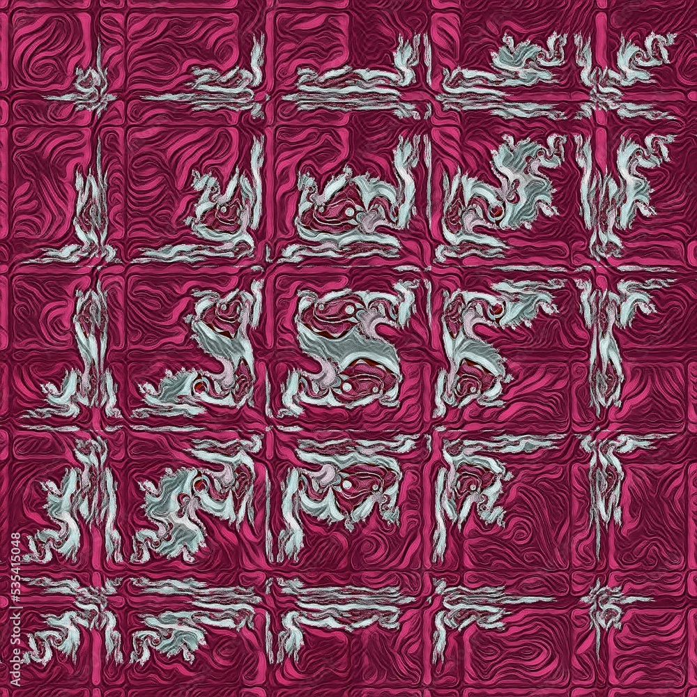 Poster repeating julia type fractal set showing creative variation in silver grey on a red textured backgro