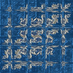 repeating Julia type fractal set showing creative variation in silver grey on a blue textured background