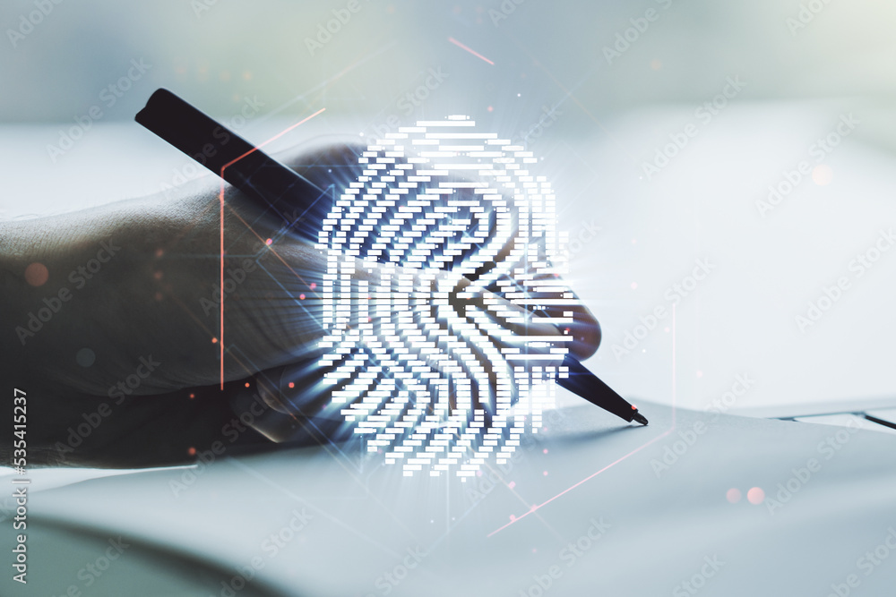 Poster double exposure of abstract creative fingerprint hologram with man hand writing in notebook on backg