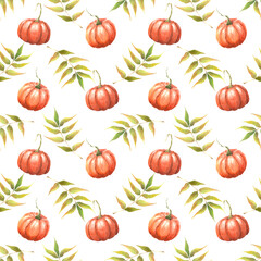 Watercolor seamless pattern with pumpkins. Autumn illustration isolated on white