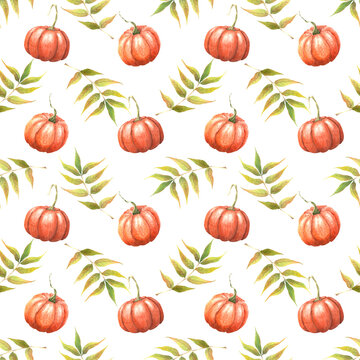 Watercolor seamless pattern with pumpkins. Autumn illustration isolated on white