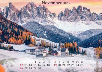 Horizontal wall calendar for 2023 year. November, B3 size. Set of calendars with amazing...