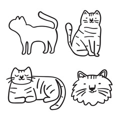 Set of cats. Domestic animal. Outline vector icons. Hand drawn illustrations on white background.