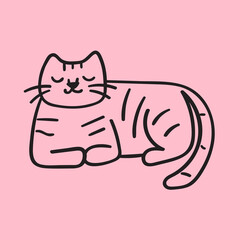 Cute cat lying. Hand drawn vector outline illustration on pink background.