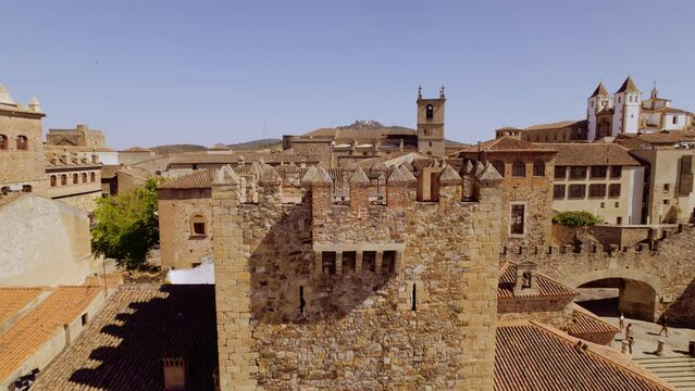 Aerial view of C&aacute;ceres city, Spain. Cinematic 4K