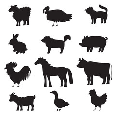 Set of farm animals. Silhouette icons. Hand drawn illustrations on white background.