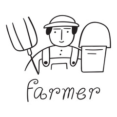 Farmer. Pitchfork and bucket. Vector outline icon. Illustration on white background.