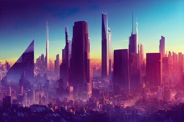 Future city skyline panorama 3D scene. Futuristic cityscape creative concept illustration skyscrapers, towers, tall buildings, flying vehicles. Panoramic urban view of metropolis town, sky background