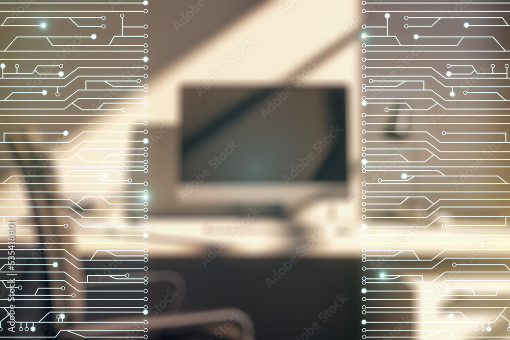 Poster Creative abstract micro circuit sketch and modern desk with computer on background, future technology and AI concept. Double exposure