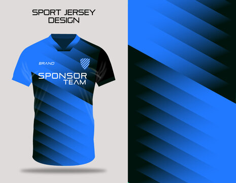 Black And Blue T-shirt Sport Design Template With Abstract Gradient Pattern For Soccer Jersey. Sport Uniform In Front View. Tshirt Fabric Design And Mockup For Sport Club. Vector Illustration