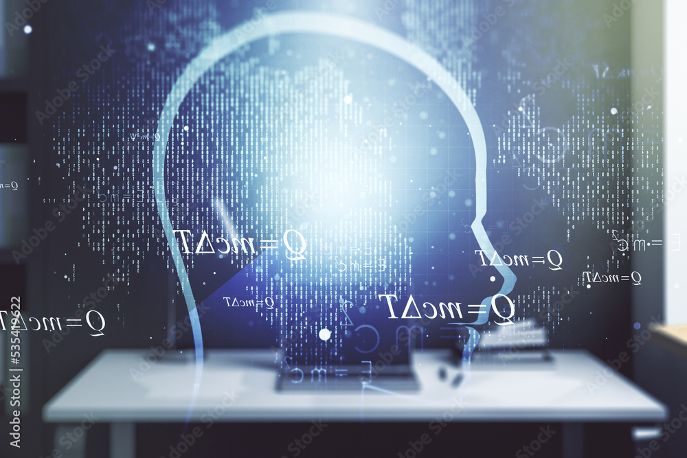 Aufkleber Creative artificial Intelligence concept with human head hologram and modern desktop with computer on background. Multiexposure