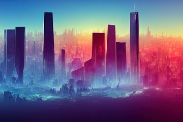 Future city skyline panorama 3D scene. Futuristic cityscape creative concept illustration skyscrapers, towers, tall buildings, flying vehicles. Panoramic urban view of megapolis town, sky background