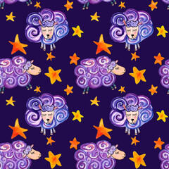 Watercolor illustration seamless pattern of sheeps on a dark blue background with stars a textiles for children