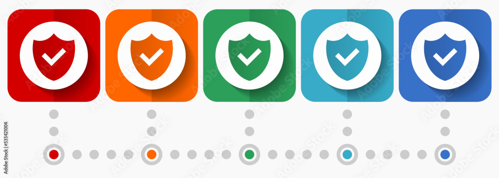Aufkleber shield vector icons, infographic template, set of flat design secure symbols in 5 color options