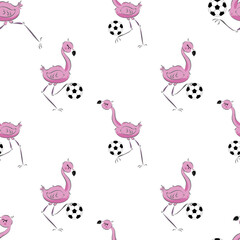 Cute flamingo with ball. Pink  funny bird.