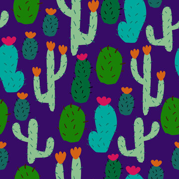 Seamless cactus pattern. funny colored cacti. purple background. Fashionable print for packaging, wallpaper and textiles.