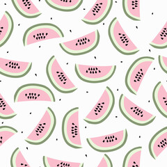 Seamless watermelon pattern. White background, juicy watermelon slices and dots. The print is well suited for Wallpaper.