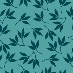 A simple pattern of leaves.  turquoise 
 background,green leaves on branches. Print for textiles,banners and Wallpapers,packaging.