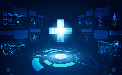 Abstract health science consist health plus hud interface digital technology concept  modern medical on hi tech future blue background.