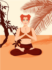 Young redhead girl doing yoga on the desert background